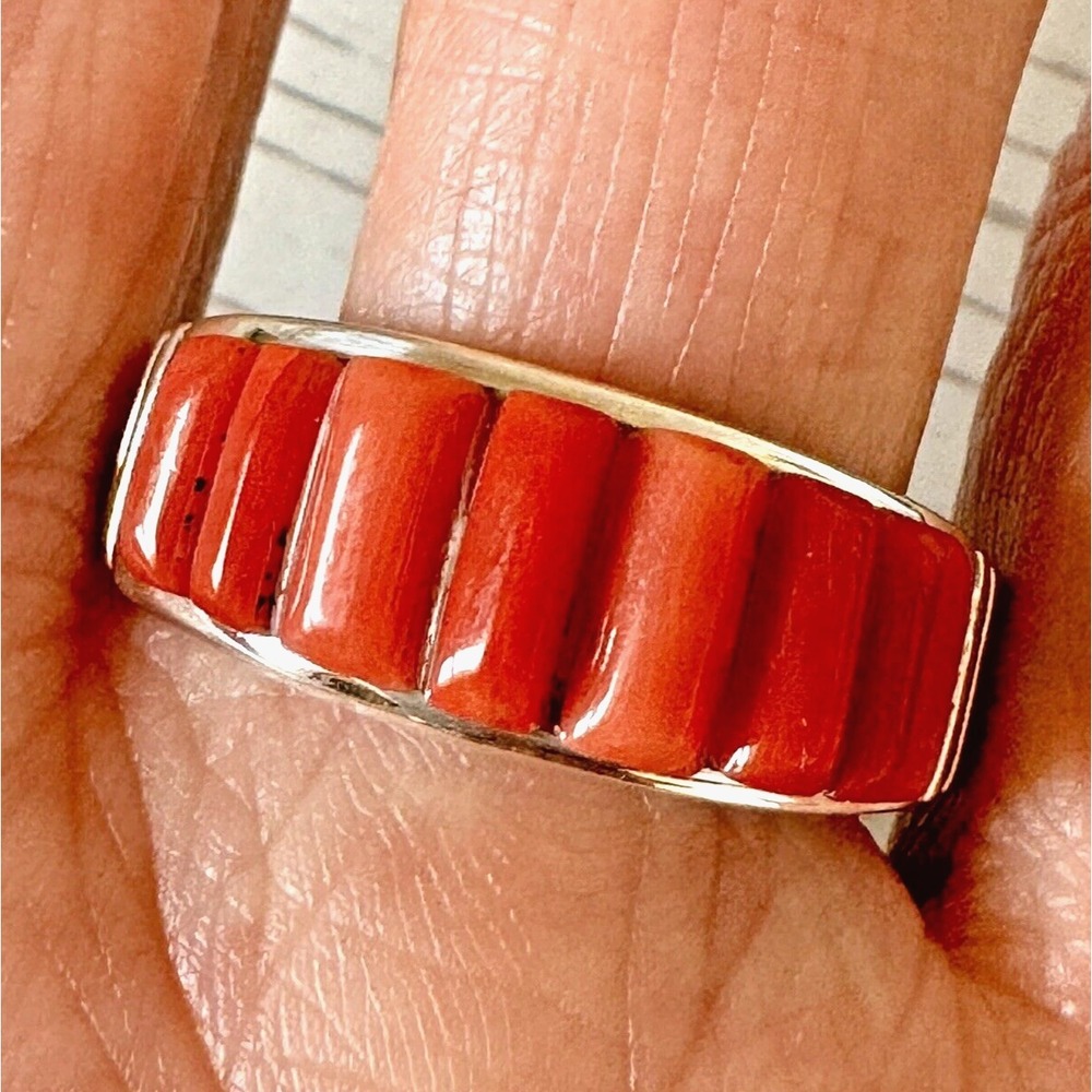 Navajo Red Coral Wedding Band Sz 12.5 Mens Ring 10mm Corn Inlay Signed Rick T